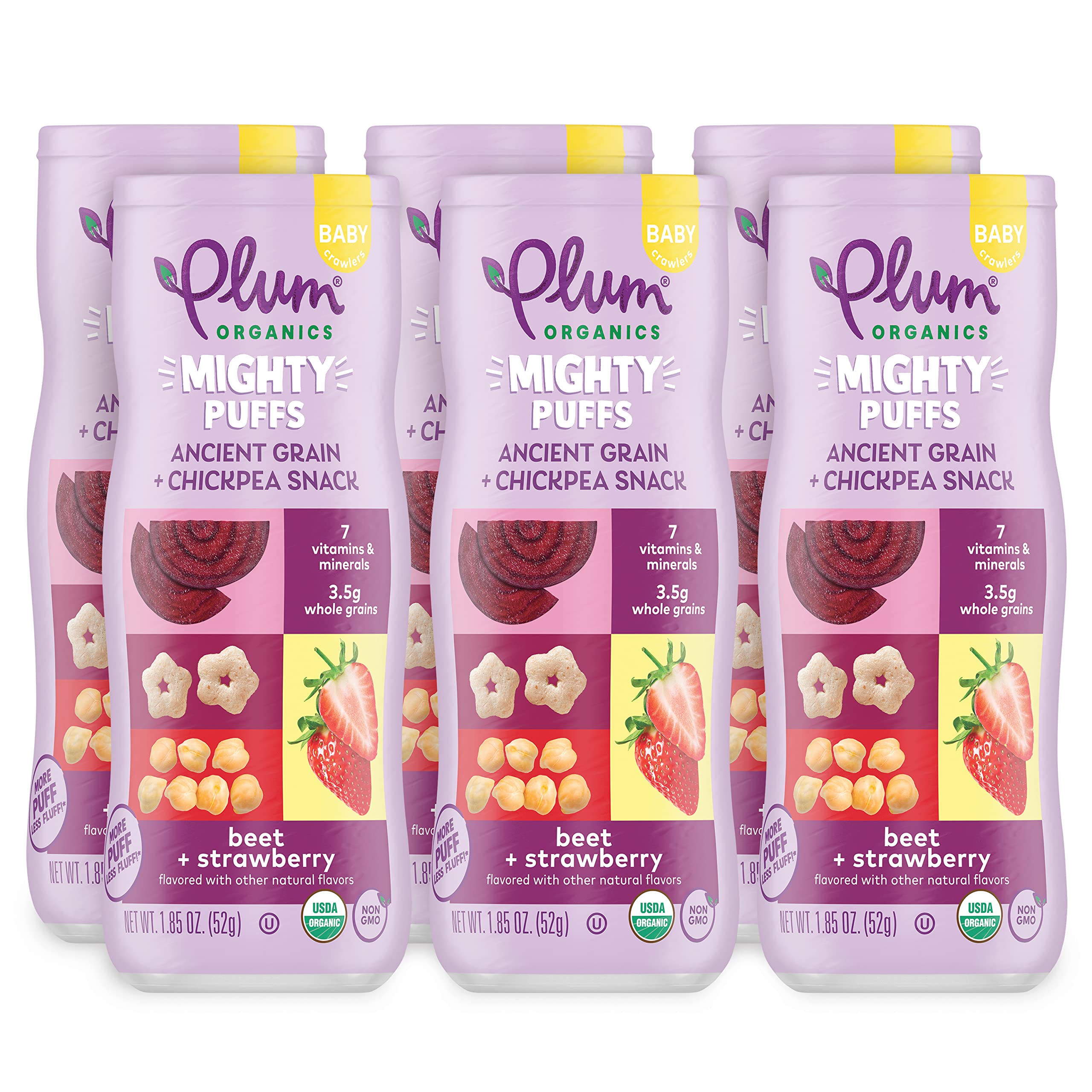 Plum Organics Mighty Puffs Organic Baby Food - Beet and Strawberry - 1.85 oz Canister (Pack of 6) - Ancient Grains and Chickpea Snacks