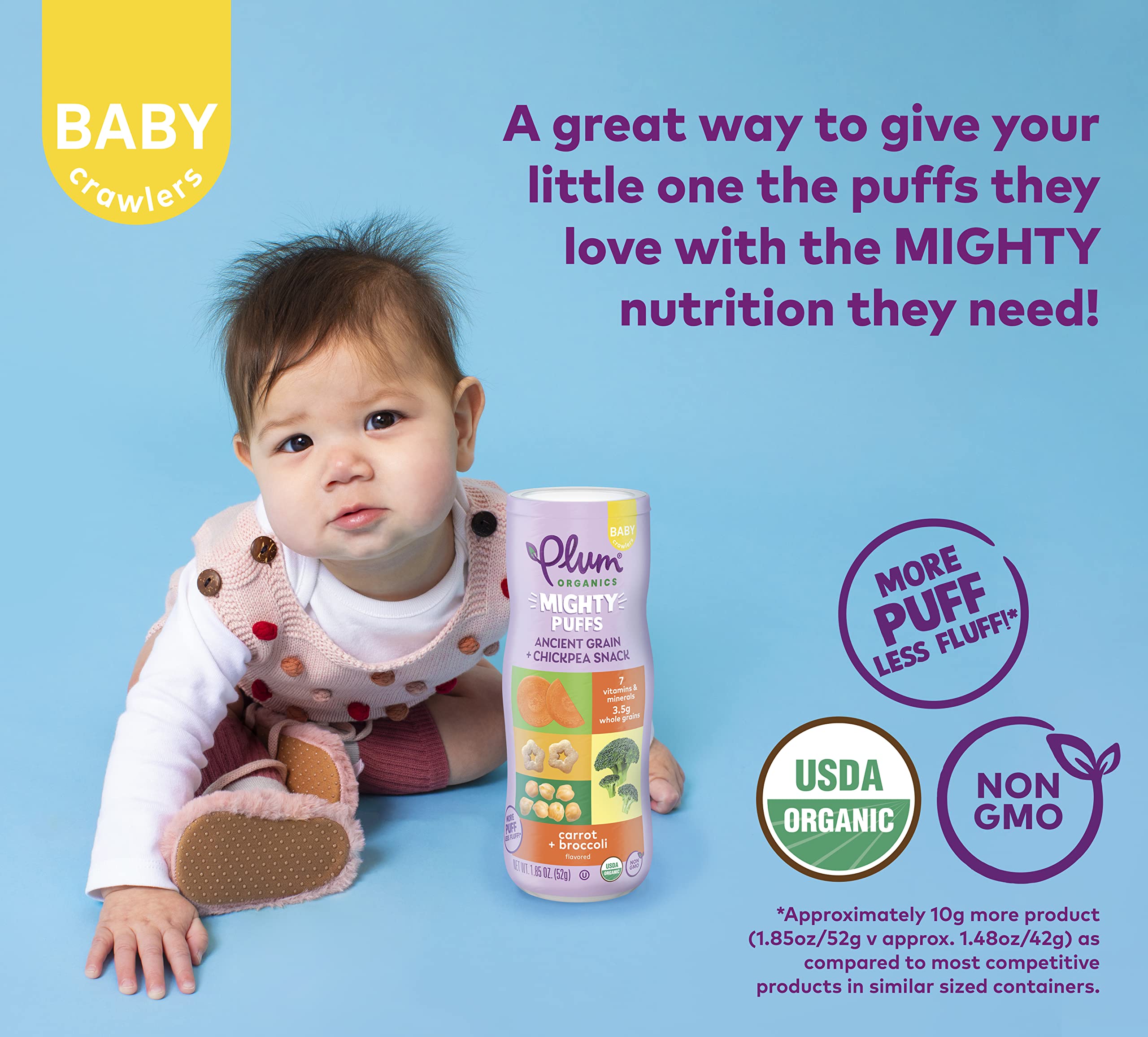 Plum Organics Mighty Puffs Organic Baby Food - Beet and Strawberry - 1.85 oz Canister (Pack of 6) - Ancient Grains and Chickpea Snacks