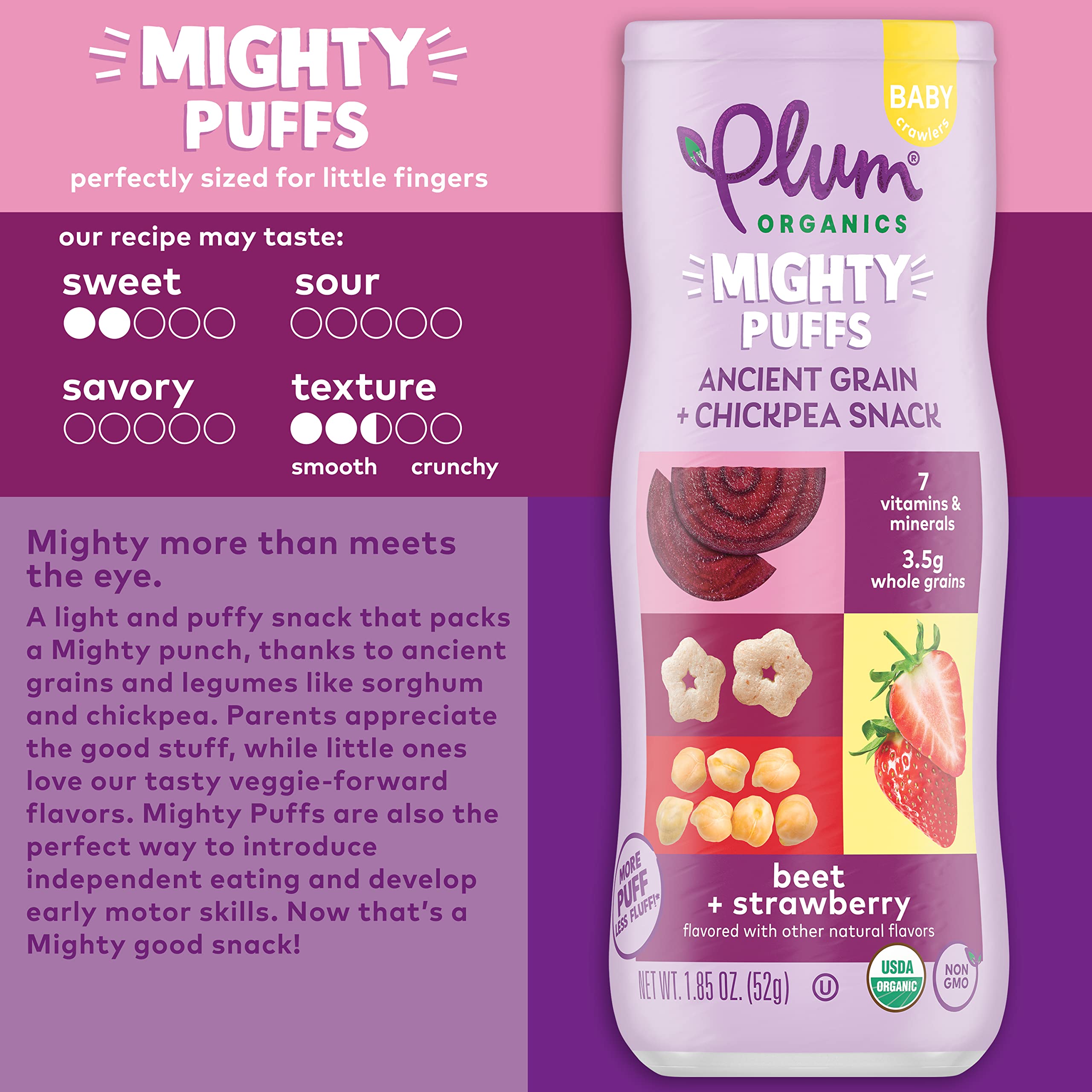 Plum Organics Mighty Puffs Organic Baby Food - Beet and Strawberry - 1.85 oz Canister (Pack of 6) - Ancient Grains and Chickpea Snacks