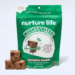 nurture life mighty bites - oatmeal raisin - healthy snacks for kids & toddlers made with oats, sunflower seed butter, chia seeds, dates, and raisins - plant-based, high fiber, low sugar - 15 pieces (pack of 1)