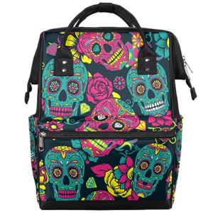 QsirBC Sugar Skulls Halloween Diaper Bag Backpack Mommy Bags with Pocket Stroller Straps Waterproof Daypack for Mom Dad Casual Travel