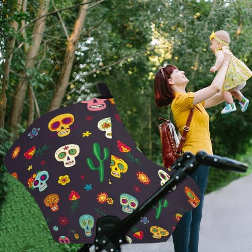 Sugar Skull Flowers Baby Car Seat Cover for Baby Boys and Girls Breathable Lightweight Carseat Cover Baby Carrier Cover Soft Flexible for Girls Boys