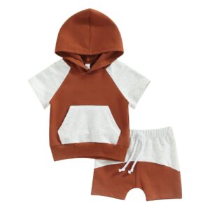 allshope toddler baby boys girls clothes short sleeve hooded tops with drawstring short pants casual outfit summer outfits set (burnt sugar, 0-6 months)