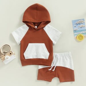 allshope Toddler Baby Boys Girls Clothes Short Sleeve Hooded Tops with Drawstring Short Pants Casual Outfit Summer Outfits Set (Burnt Sugar, 0-6 Months)