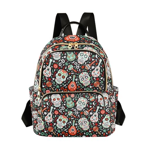 Yasala Halloween Women Backpack Tribal Sugar Skull Guitar Travel Bag Compact Daily Bag Diaper Bag