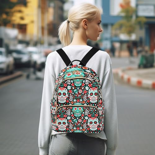 Yasala Halloween Women Backpack Sugar Skull Cute Flower Blue Travel Bag Compact Daily Bag Diaper Bag