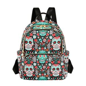 Yasala Halloween Women Backpack Sugar Skull Cute Flower Blue Travel Bag Compact Daily Bag Diaper Bag