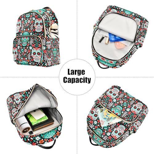 Yasala Halloween Women Backpack Sugar Skull Cute Flower Blue Travel Bag Compact Daily Bag Diaper Bag