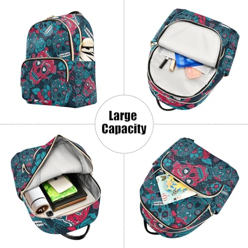 Yasala Halloween Women Backpack Blue Red Sugar Skull Flower Travel Bag Compact Daily Bag Diaper Bag