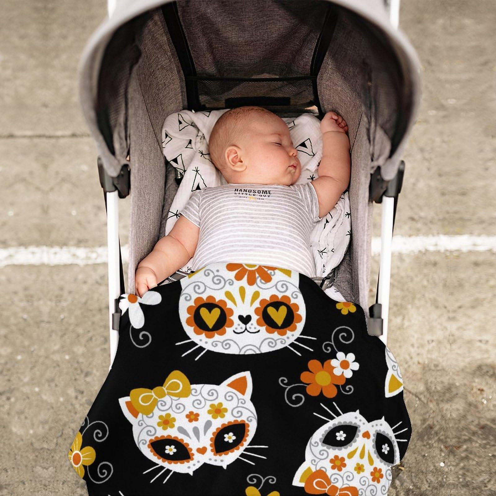 LAKIMCT Cute Sugar Skull Cat Round Soft Baby Blankets for Boys Girls, Newborn Blanket for Suitable for Swaddling Sleep Stroller Cover Nursery Blanket, 35 Inch