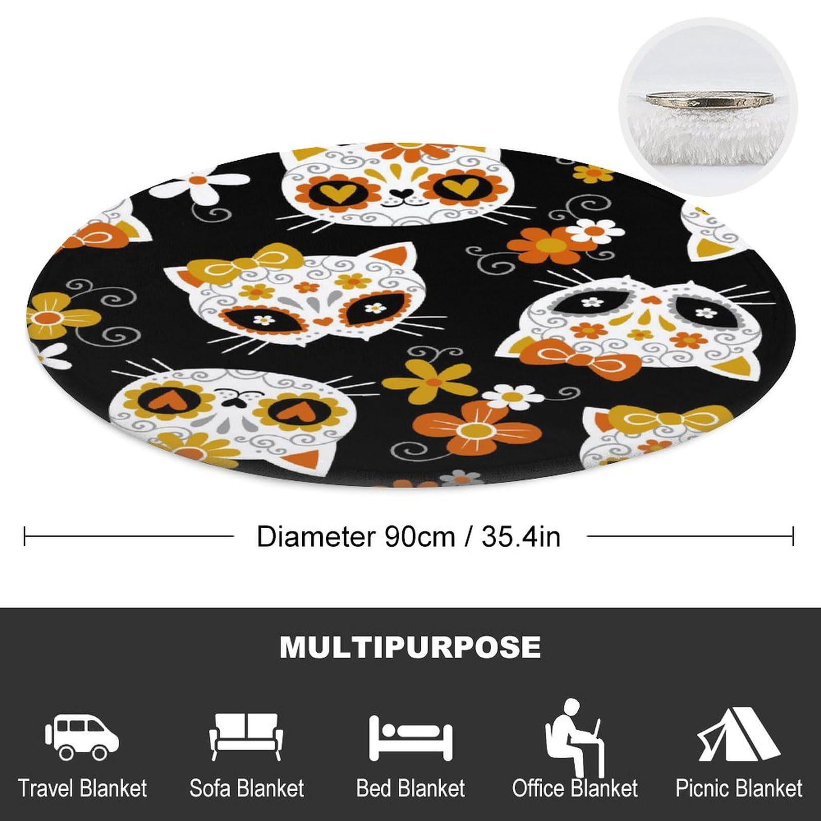 LAKIMCT Cute Sugar Skull Cat Round Soft Baby Blankets for Boys Girls, Newborn Blanket for Suitable for Swaddling Sleep Stroller Cover Nursery Blanket, 35 Inch