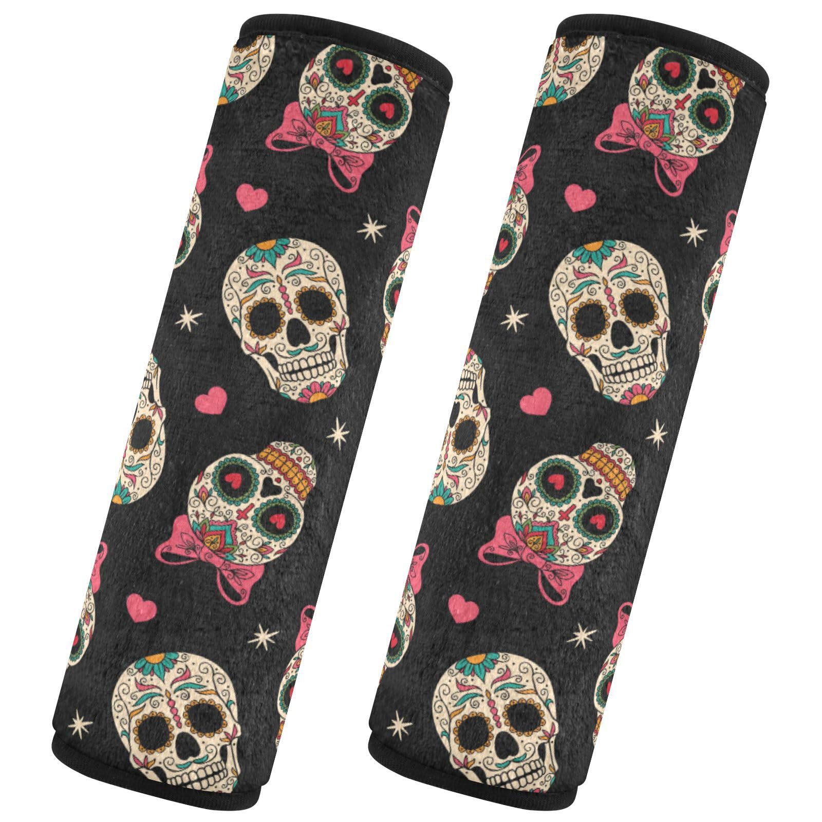 Sugar Skulls Seat Belt Covers for Baby Kid's Car Seat Strap Shoulder Seatbelt Covers 2 Pack Super Soft Car Seat Neck Cover for Boys Girls Adults Babies 6.5 in