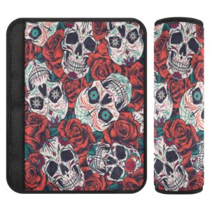 sugar skulls roses seat belt covers for baby kids car seat strap shoulder seatbelt covers 2 pack super soft car seat neck cover for boys girls adults babies 6.5 in