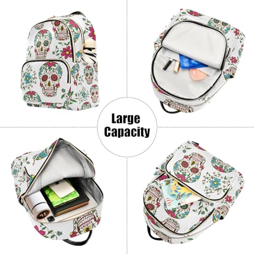 Yasala Halloween Women Backpack Sugar Skull Floral Blue Pink Travel Bag Compact Daily Bag Diaper Bag