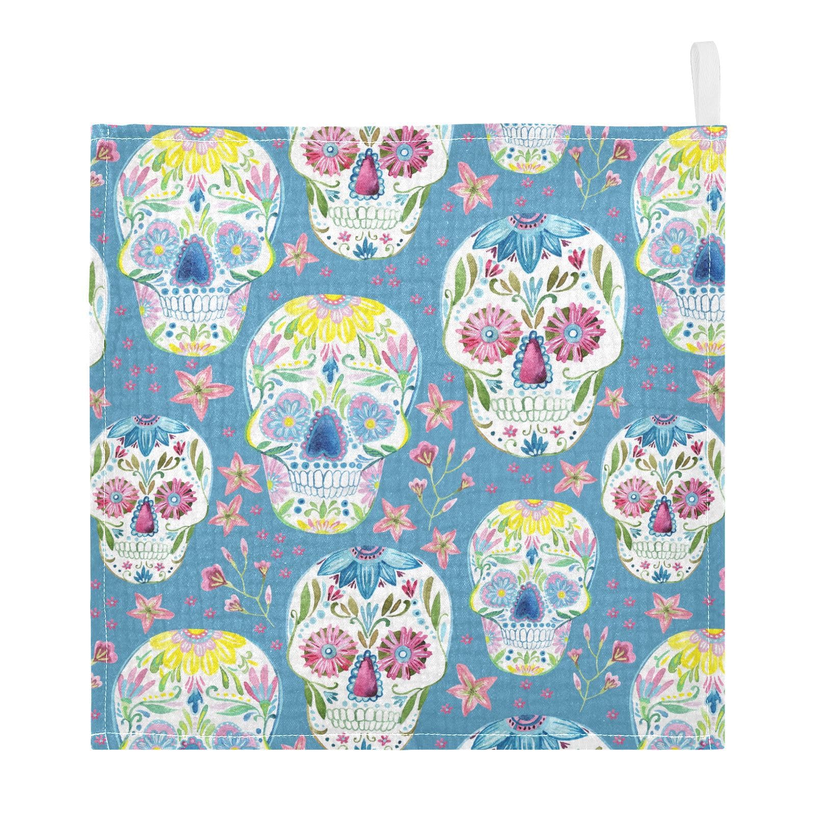 vvfelixl Baby Muslin Washcloths Floral Sugar Skull Baby Burp Cloths Cotton Baby Face Towel for Newborn Infants Boys Girls Soft and Absorbent 11.8 X 11.8 in, 3 Pack Blue