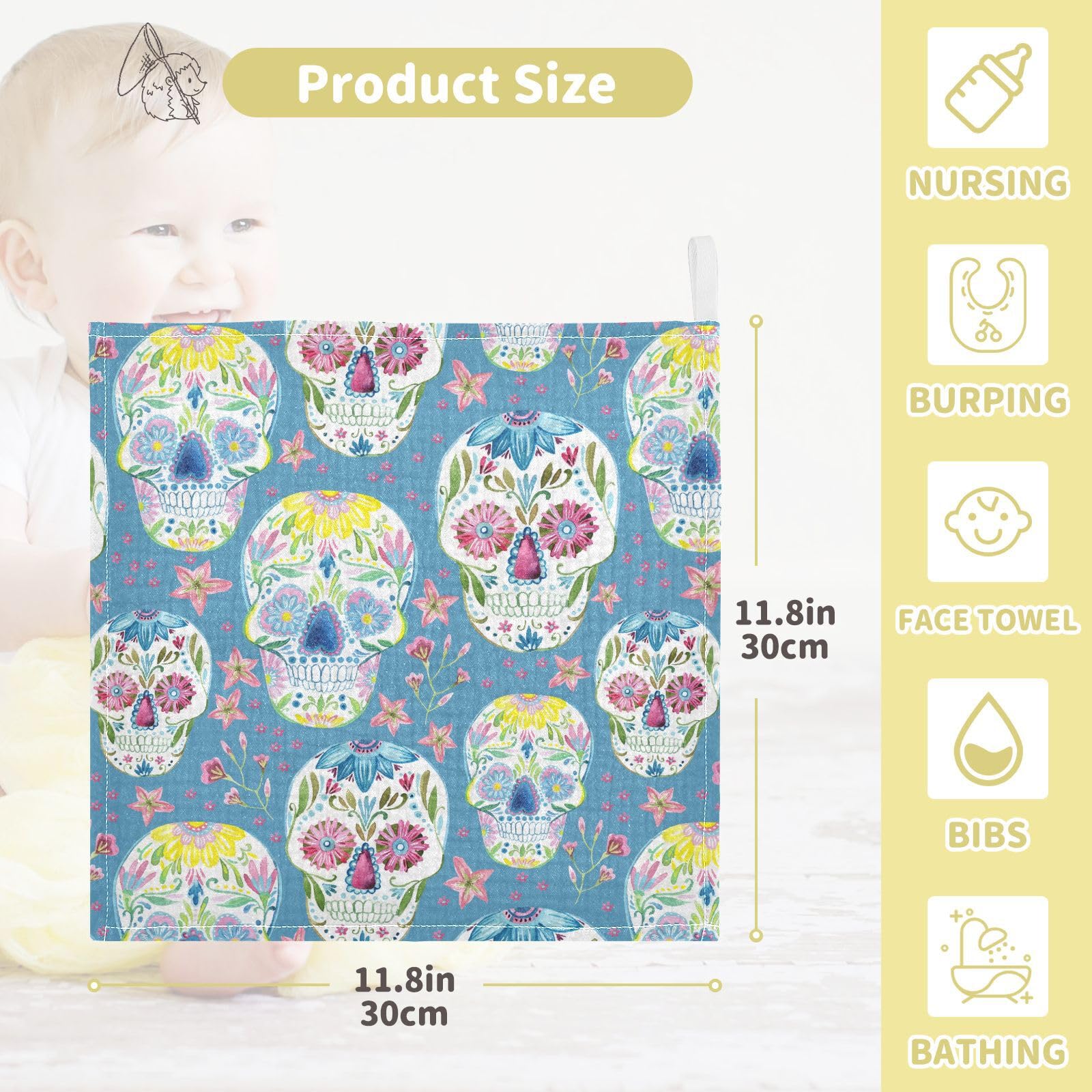 vvfelixl Baby Muslin Washcloths Floral Sugar Skull Baby Burp Cloths Cotton Baby Face Towel for Newborn Infants Boys Girls Soft and Absorbent 11.8 X 11.8 in, 3 Pack Blue