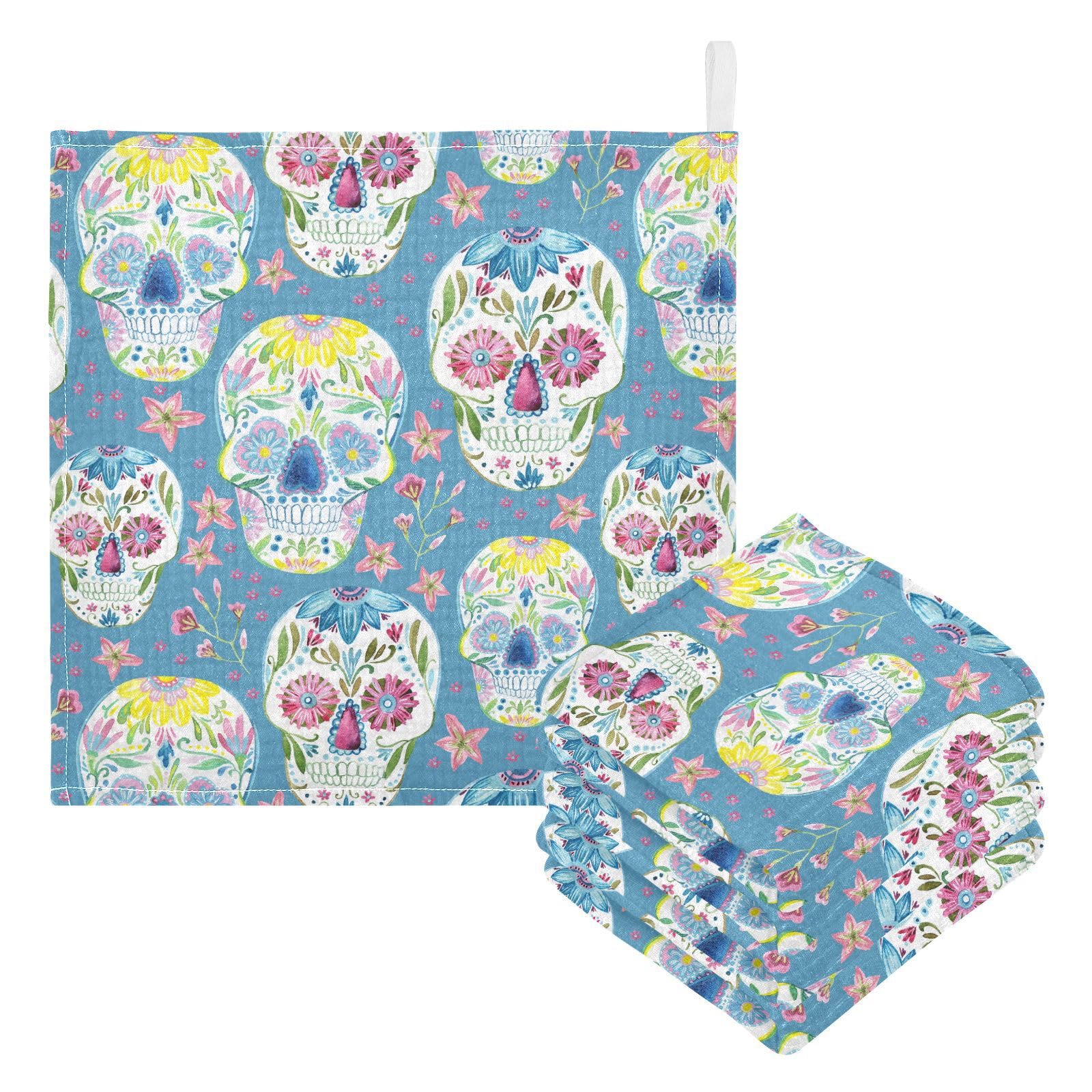 vvfelixl Baby Muslin Washcloths Floral Sugar Skull Baby Burp Cloths Cotton Baby Face Towel for Newborn Infants Boys Girls Soft and Absorbent 11.8 X 11.8 in, 3 Pack Blue