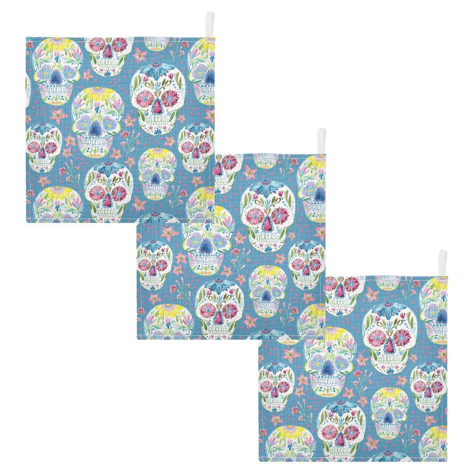 vvfelixl Baby Muslin Washcloths Floral Sugar Skull Baby Burp Cloths Cotton Baby Face Towel for Newborn Infants Boys Girls Soft and Absorbent 11.8 X 11.8 in, 3 Pack Blue