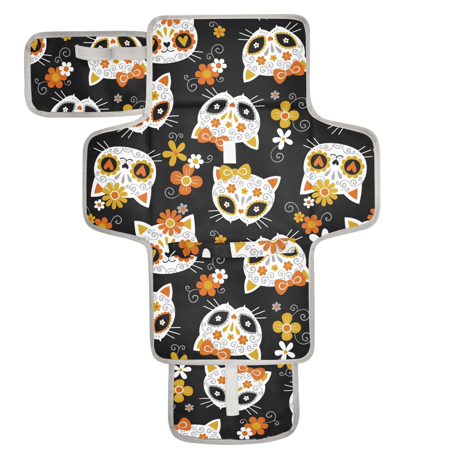 Cat Sugar Skulls Flowers Portable Changing Pad for Unisex Baby Toddler Waterproof Foldable Baby Changing Mat with Pillow & Shoulder Strap Baby Diaper Clutch for Gift Home Dresser Traveling Hiking