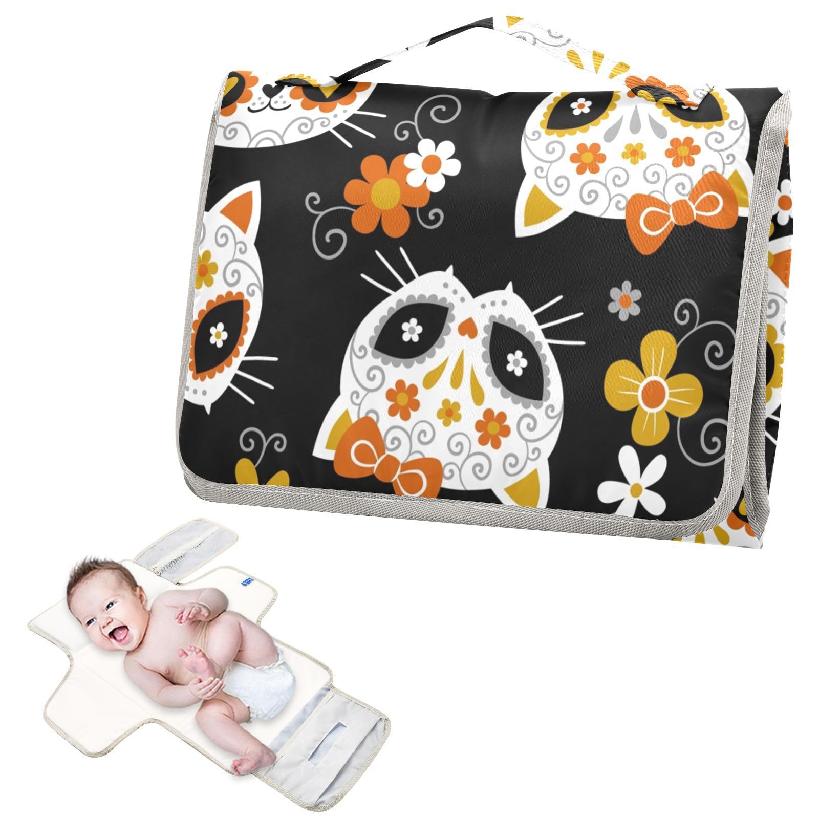 Cat Sugar Skulls Flowers Portable Changing Pad for Unisex Baby Toddler Waterproof Foldable Baby Changing Mat with Pillow & Shoulder Strap Baby Diaper Clutch for Gift Home Dresser Traveling Hiking