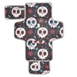 Dead Day Sugar Skull Portable Changing Pad for Unisex Baby Toddler Waterproof Foldable Baby Changing Mat with Pillow & Shoulder Strap Travel Changing Station for Traveling Walking Home Dresser Gift