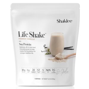 shaklee life shake™ soy protein french vanilla - complete meal replacement with 20g protein, 6g fiber, 24 vitamins & minerals - supports satiety & healthy weight - non-gmo - 14 servings