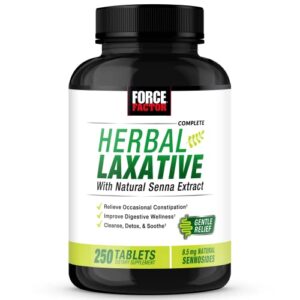 force factor herbal laxative for constipation relief for adults, digestion supplement made with senna to cleanse, detox, and soothe, laxatives for constipation for women and men, 250 tablets