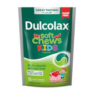 dulcolax kids saline laxative soft chews, gentle constipation relief for kids, watermelon flavor, magnesium hydroxide 1200 mg, 15 count