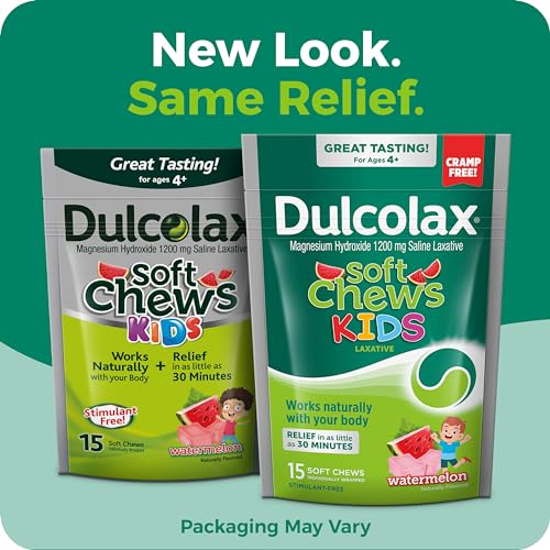 Dulcolax Kids Saline Laxative Soft Chews, Gentle Constipation Relief for Kids, Watermelon Flavor, Magnesium Hydroxide 1200 mg, 15 Count