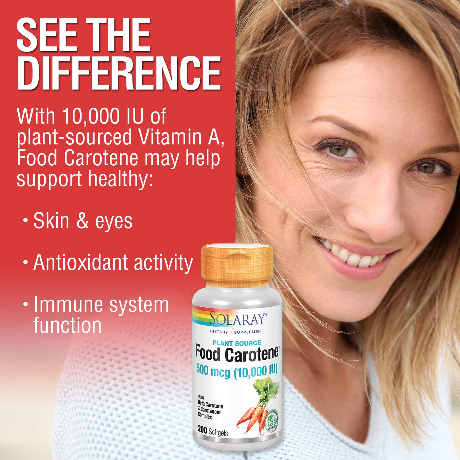 SOLARAY Food Carotene, Vitamin A 10000 IU | Healthy Skin, Eyes, Antioxidant & Immune Support (200 CT)