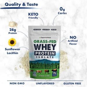 Opportuniteas Grass Fed Whey Isolate Protein Powder - Unflavored 28g Protein Powder without Artificial Sweeteners, Hormone-Free Cows, Non GMO - 1lb