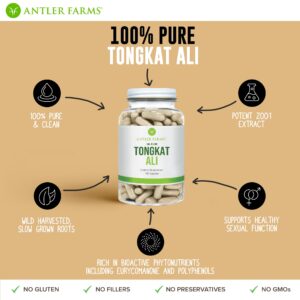 Antler Farms - 100% Pure Tongkat Ali Extract 200:1, 180 Capsules, 500mg - Eurycoma Longifolia Slow Grown Aged Roots from Indonesia – Men’s Health Support, Vegan, Gluten, Soy and Dairy Free