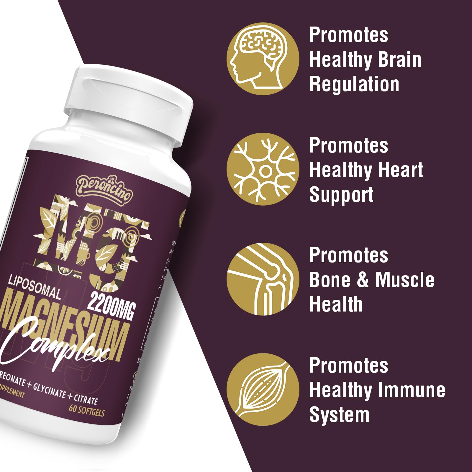 Liposomal Magnesium Complex 2200MG Softgels,Magnesium Threonate, Magnesium Glycinate, Magnesium Citrate, Three-in-one Supplement, Gluten Free, 60 Softgels