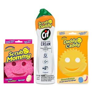 scrub daddy scrub mommy, daddy caddy + cif all purpose cleaner - scratch-free, dual-sided kitchen + bathroom scrubber + multipurpose cleaning cream - cleaning supplies kit for multiple surfaces