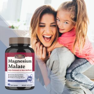 Elixeed Magnesium Malate, Chelated, Fully Reacted & Non-Buffered, Max Absorption & Bioavailability, No Stomach Upset, for Men, Women & Kids, Energy, Muscle Function & Bone Support, 90 Vegan Caps