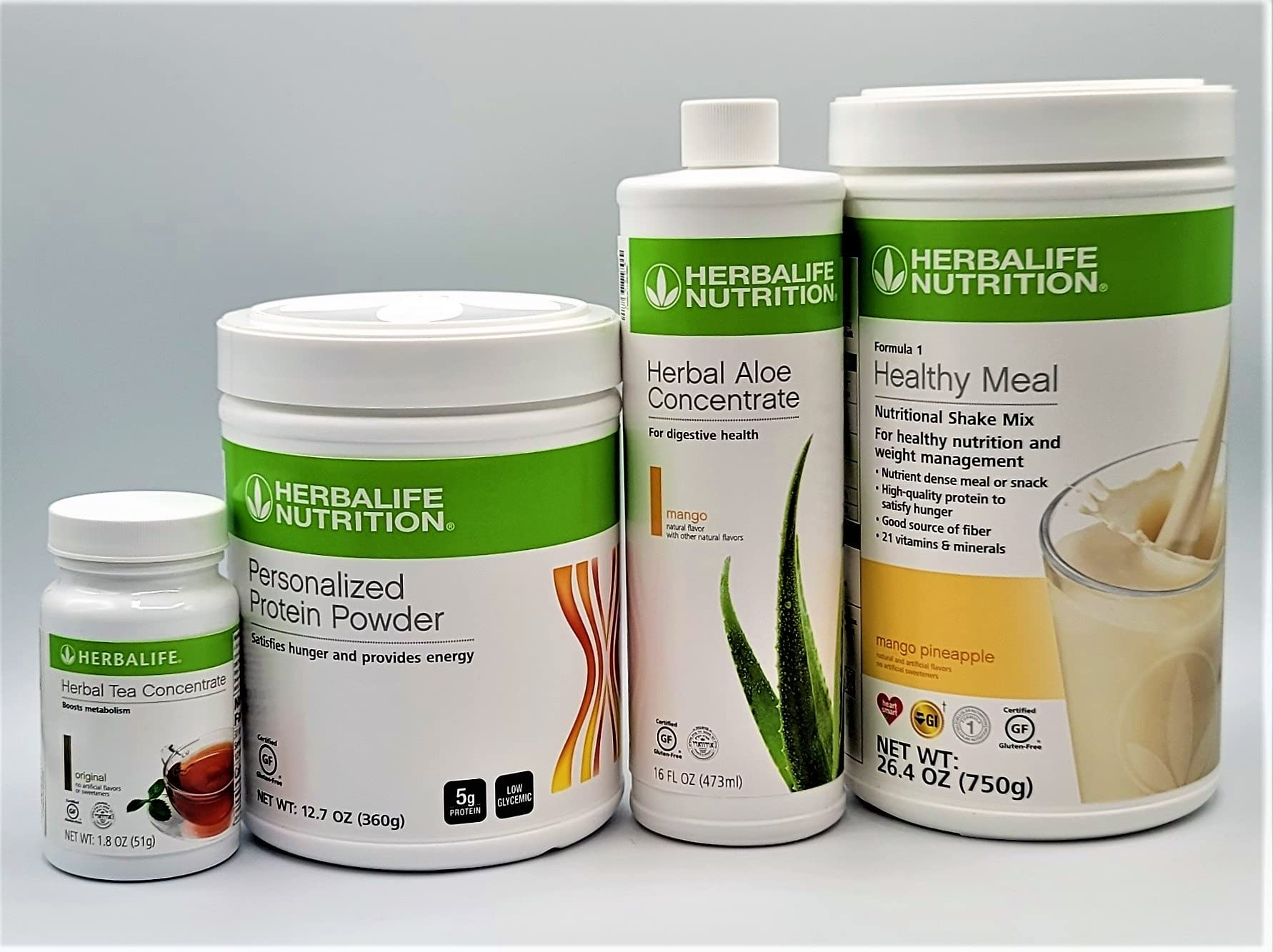 HERBALIFE Four Combo Formula 1 (Mango Pineapple 750g) Healthy Nutritional Shake Mix-Herbal Aloe Concentrate Pint 473ml-Personalized Protein Powder 360g and Herbal Tea Concentrate 51g