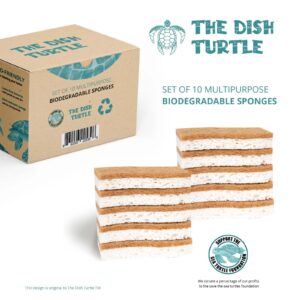 The Dish Turtle 10 Pack Biodegradable Dish Sponges and 100% Compostable; Natural Materials, Silicone, Stink Resistant, Quick Drying, Multiuse, Recyclable