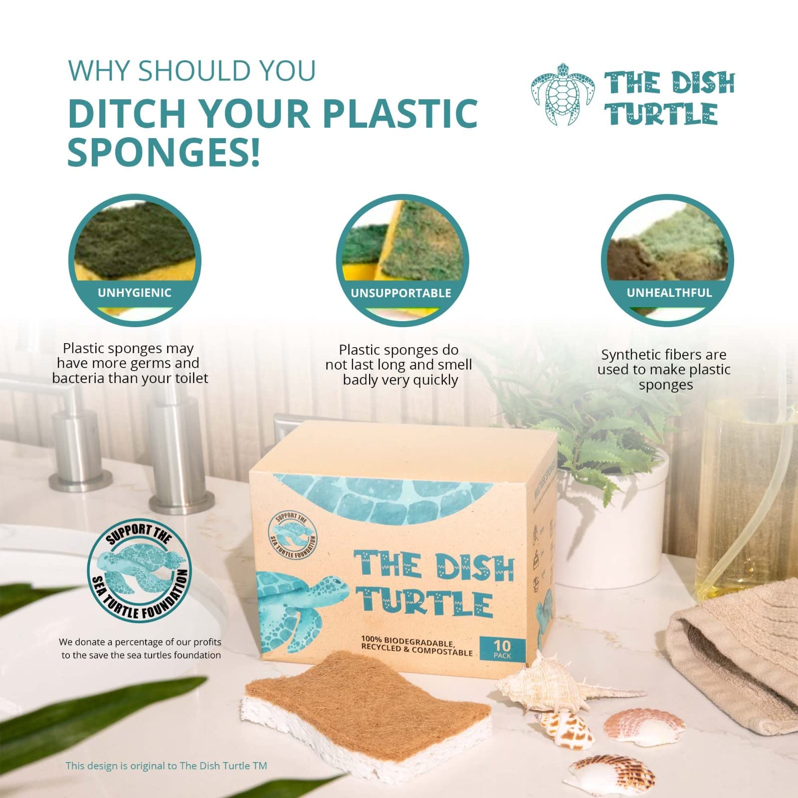 The Dish Turtle 10 Pack Biodegradable Dish Sponges and 100% Compostable; Natural Materials, Silicone, Stink Resistant, Quick Drying, Multiuse, Recyclable