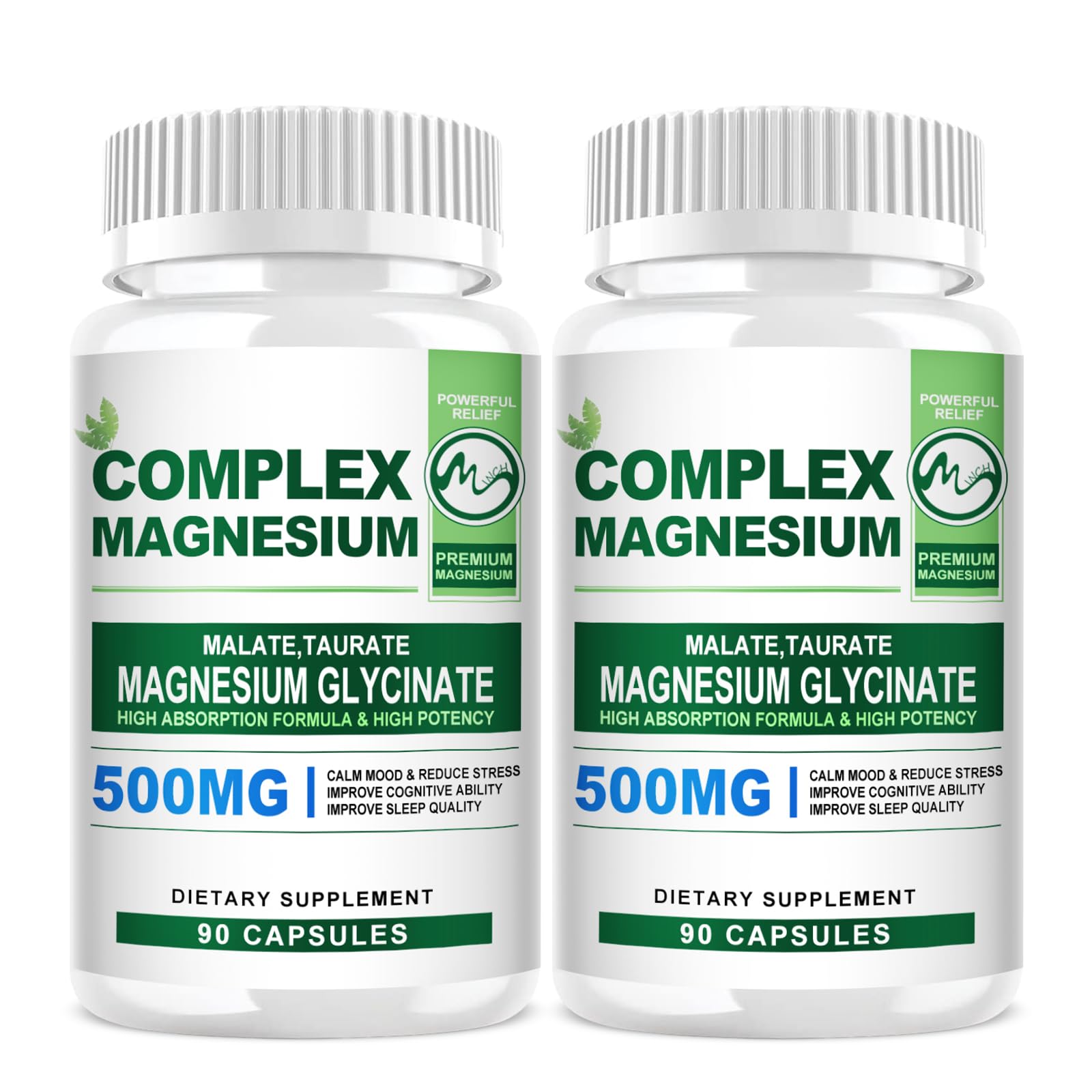 2 Pack Magnesium Complex Capsules 500MG, Blend with Magnesium Glycinate, Taurate, Malate - 180 Capsules