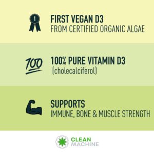 CLEAN MACHINE Certified Vegan Plant Based Vitamin D3 4000 IU per pill - Natural D3 Supplement for Optimal Health - Certified Organic - 30 vegan capsules