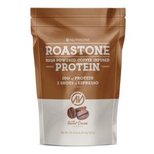 nutraone roastone coffee protein powder coffee infused whey protein powder for energy & focus, 160mg caffeine and 20g protein (sweet cream – 1.35 lbs.)