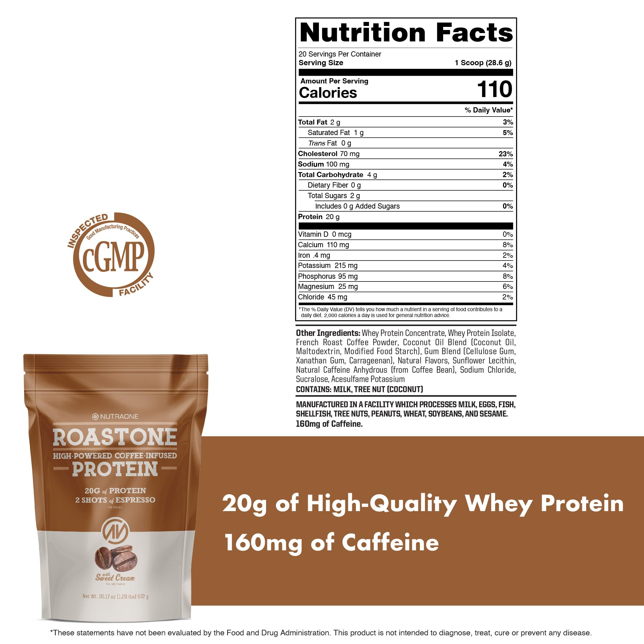 NutraOne RoastOne Coffee Protein Powder Coffee Infused Whey Protein Powder for Energy & Focus, 160mg Caffeine and 20g Protein (Sweet Cream – 1.35 lbs.)