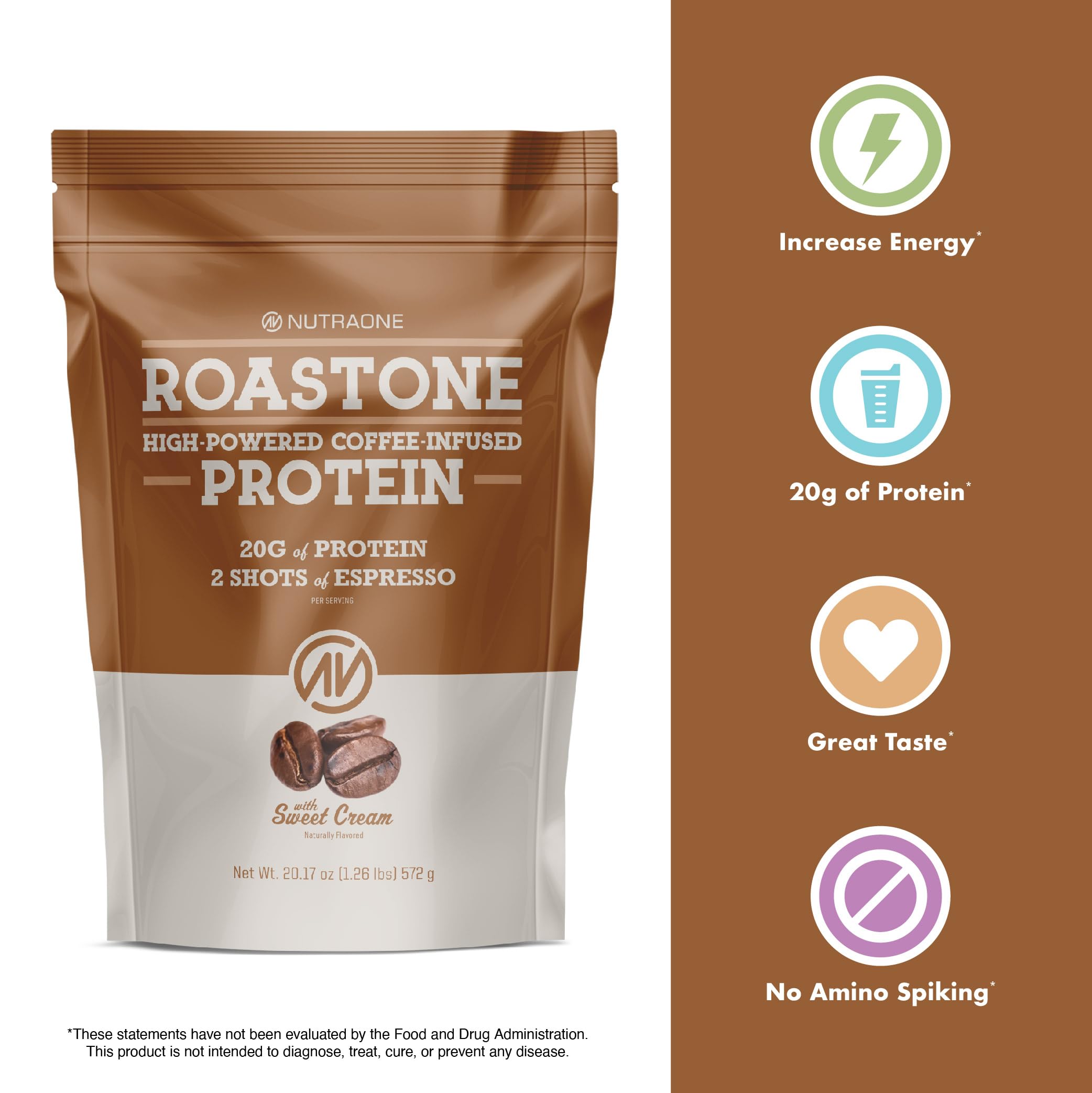 NutraOne RoastOne Coffee Protein Powder Coffee Infused Whey Protein Powder for Energy & Focus, 160mg Caffeine and 20g Protein (Sweet Cream – 1.35 lbs.)