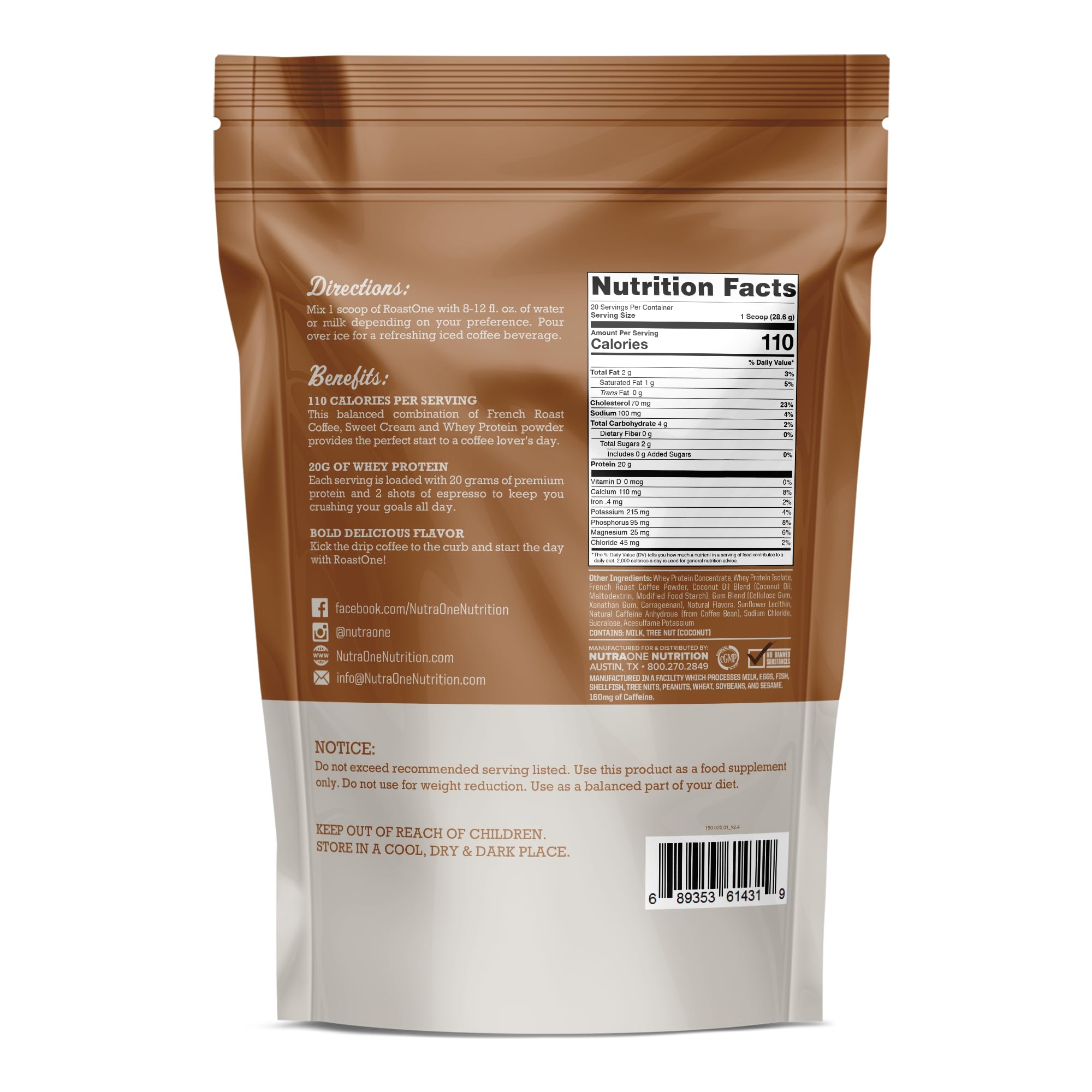 NutraOne RoastOne Coffee Protein Powder Coffee Infused Whey Protein Powder for Energy & Focus, 160mg Caffeine and 20g Protein (Sweet Cream – 1.35 lbs.)