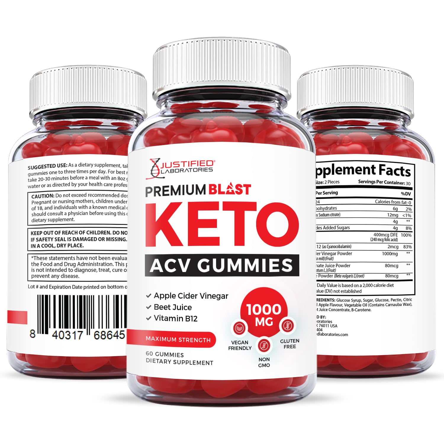 Justified Laboratories Premium Blast Keto ACV Gummies 1000MG with Pomegranate Juice Beet Root B12 60 Gummys