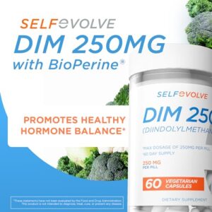 selfevolve DIM Supplement 250 mg with BioPerine, Estrogen Balance & Hormone Balance for Women & Men, Menopause Supplements for Women, Antioxidant Support, Vegan Capsules, 60 Ct, 2 Month Supply