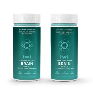 iwi life brain omega-3, 120 softgels (60 servings), vegan plant-based algae omega-3 with epa + dha, focus, memory and mood support dietary supplement, krill & fish oil alternative, no fishy aftertaste