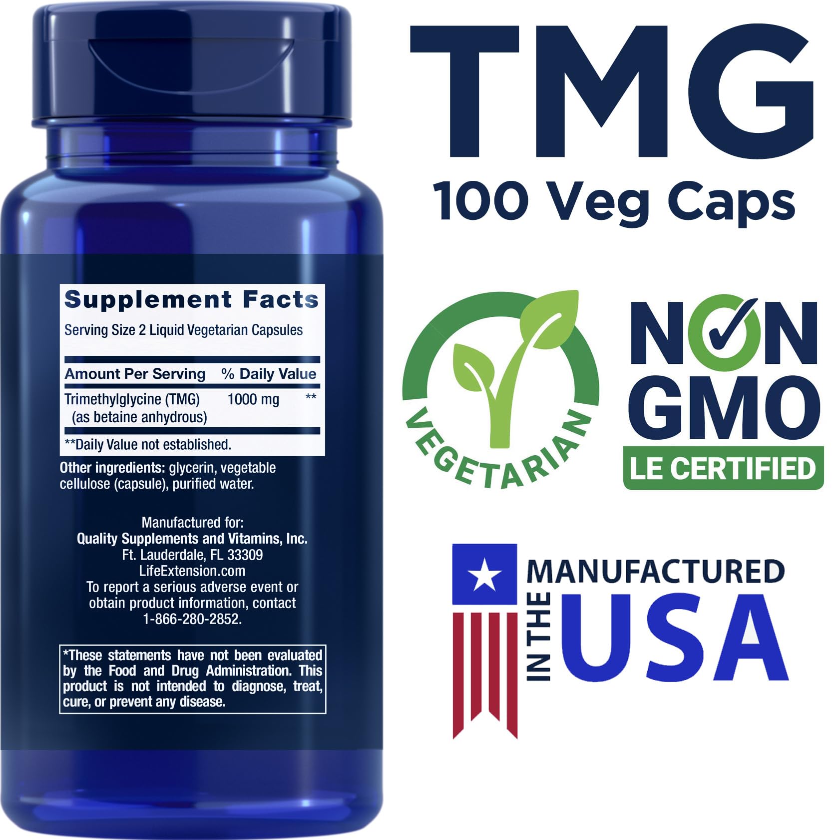 Life Extension TMG 500mg, 100 Liquid Veg Caps - Trimethylglycine (Glycine Betaine) Supplement - Gluten Free, Non-GMO, Vegetarian