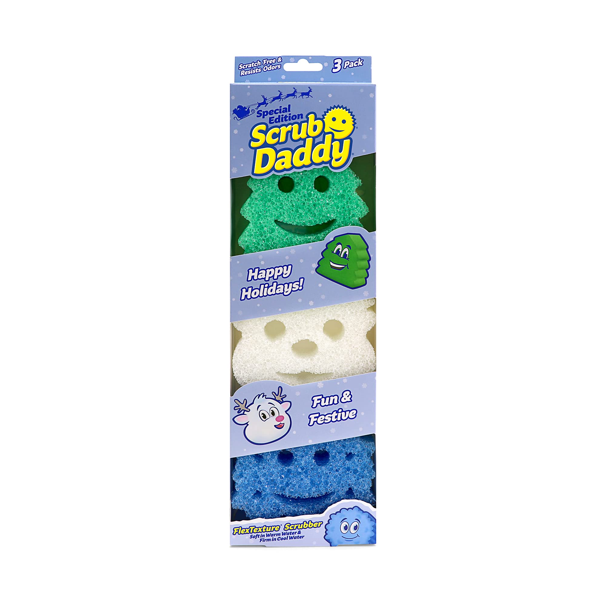 Scrub Daddy Sponge Set - Winter Shapes - Non Scratch Scrubbers for Dishes and Home, Odor Resistant, Temperature Controlled, Soft in Warm Water, Firm in Cold, Deep Cleaning, Dishwasher Safe, 3ct