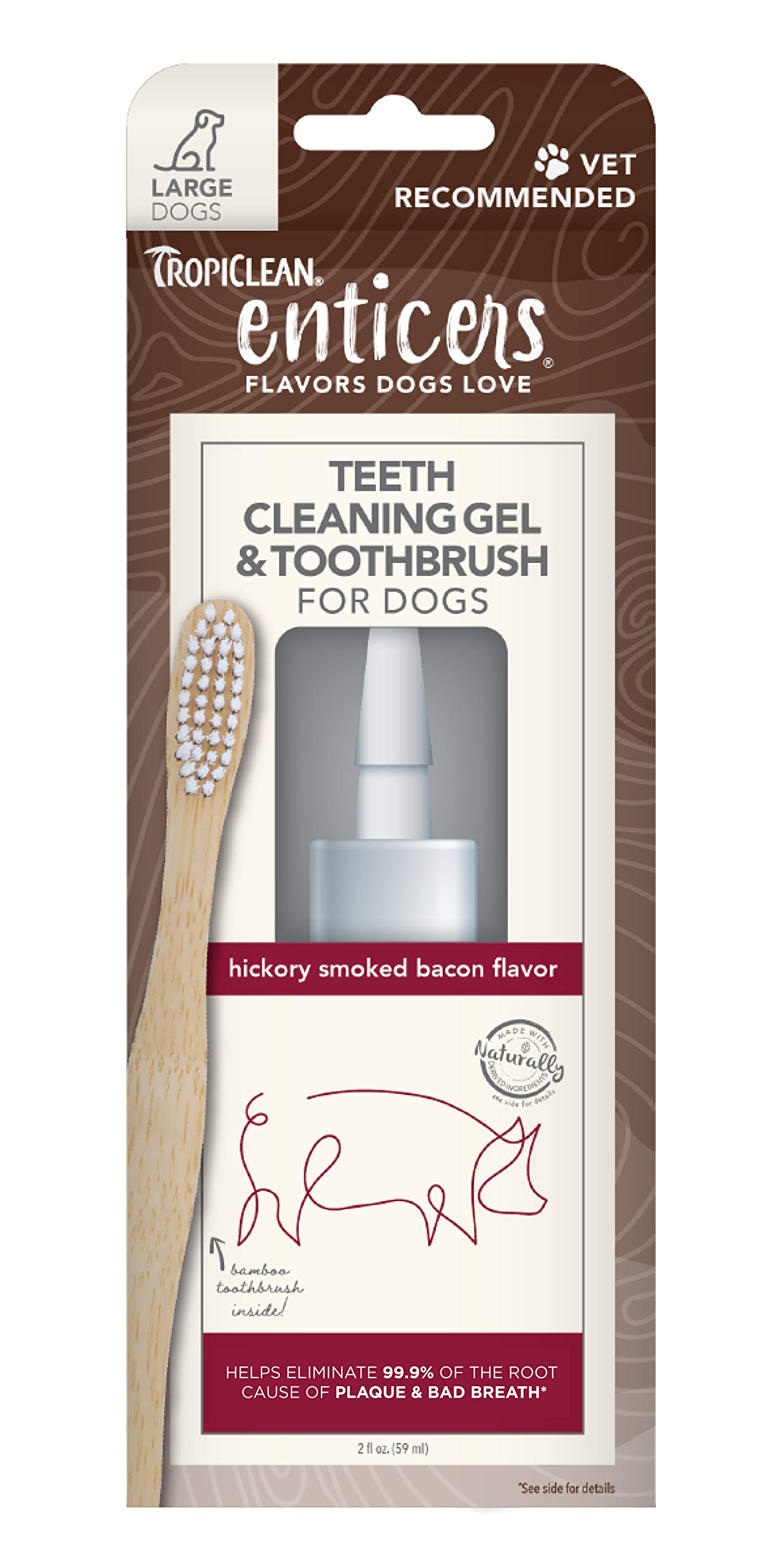 TropiClean Enticers Teeth Cleaning Gel & Toothbrush for Large Dogs | Hickory Smoked Bacon Flavor | Bamboo Brush Speeds Up Plaque Removal | Gel Helps Fight Bad Breath | 2 oz